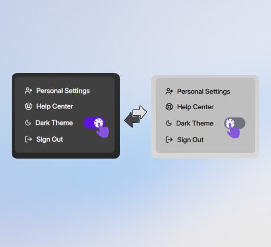MediaZilla account menu showing the Dark Theme toggle on in the dark interface and off in the light interface