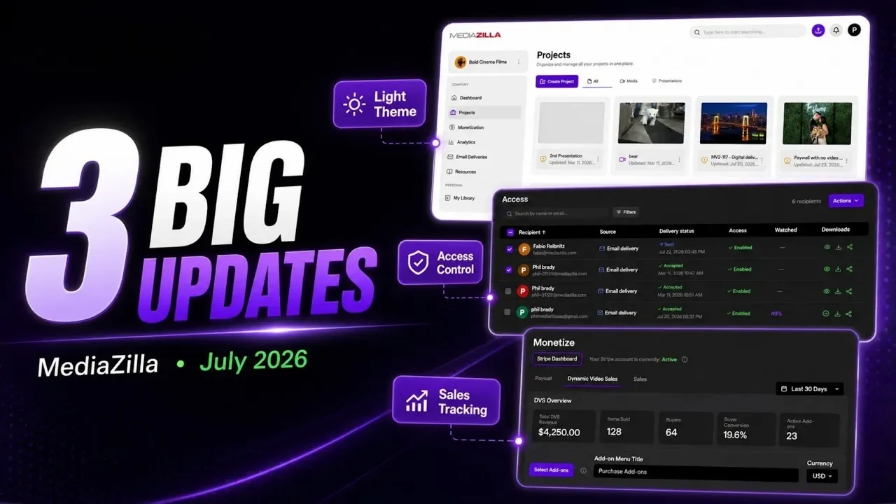 MediaZilla July 2026 product updates: light theme, access control, and sales tracking