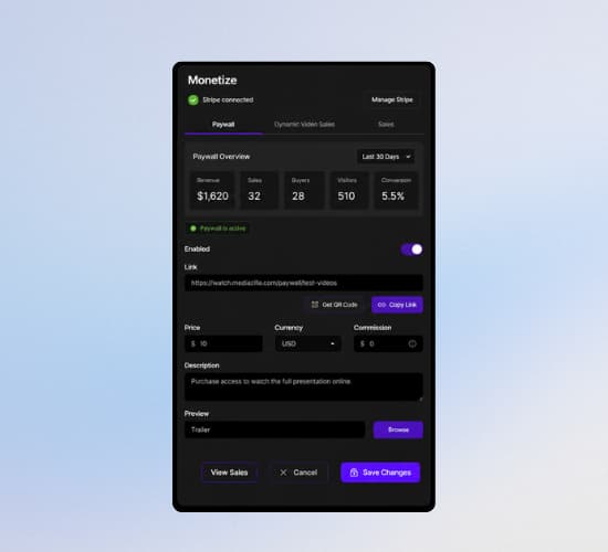 MediaZilla Monetize panel showing last-30-day paywall revenue, sales, buyers, visitors, and conversion next to price and link settings