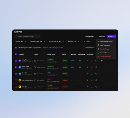 MediaZilla Access page listing recipients with delivery status, access state, watch progress, downloads, and a bulk Actions menu