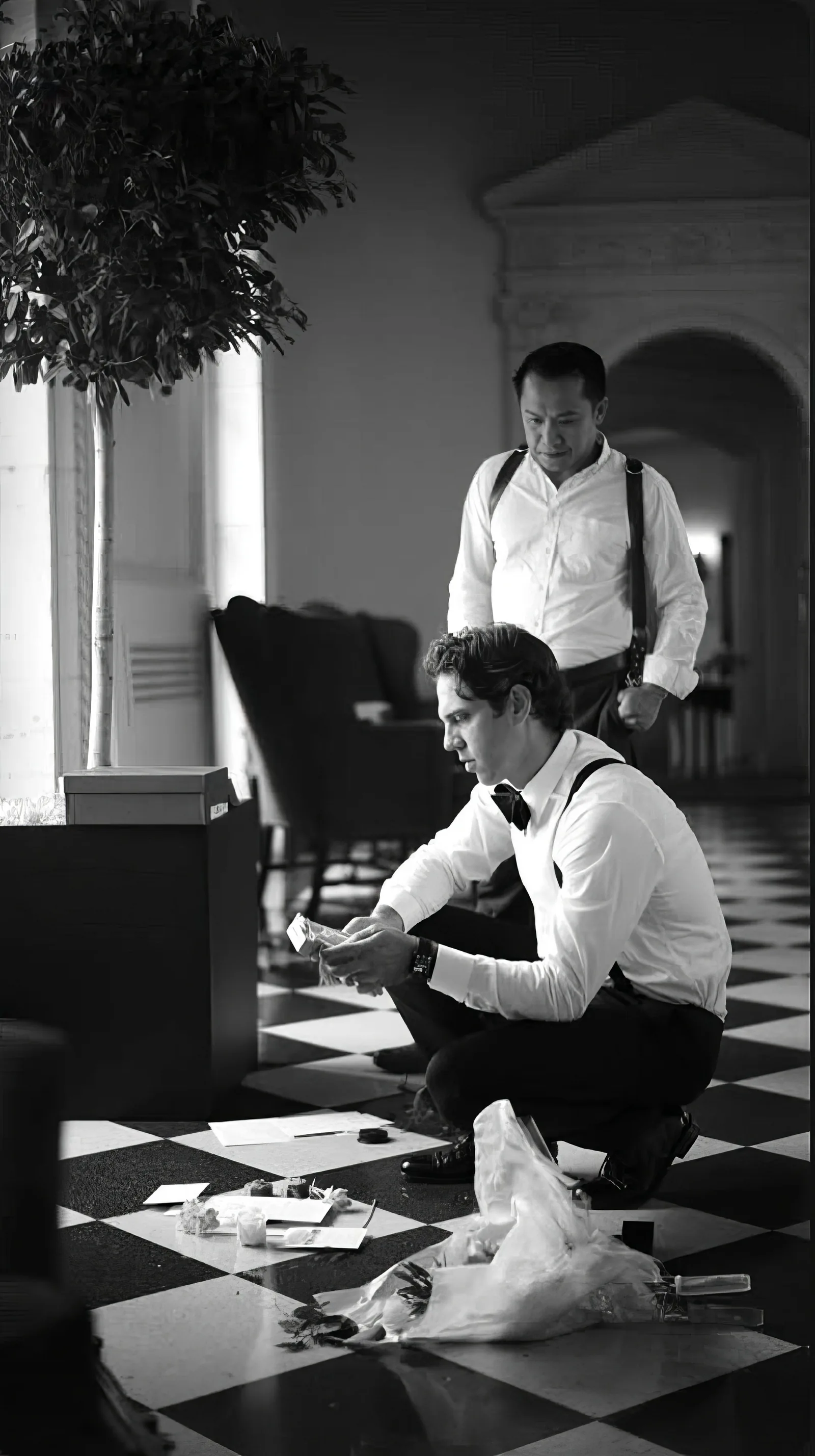 Michael Justin and a crew member on location