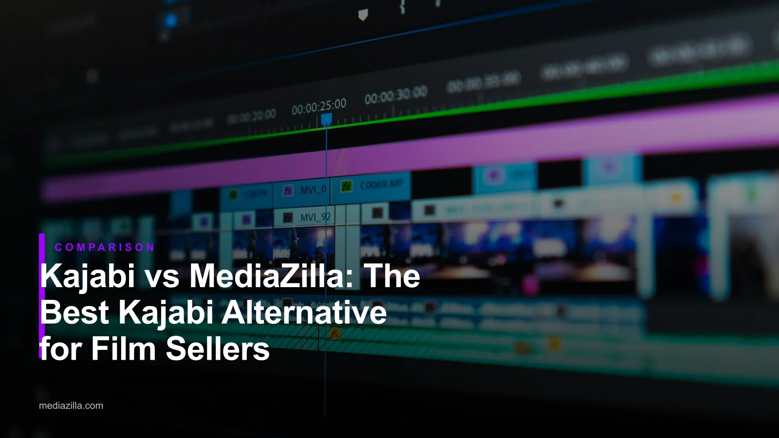 Video editing timeline on a dark screen, for an article comparing Kajabi with MediaZilla for selling films