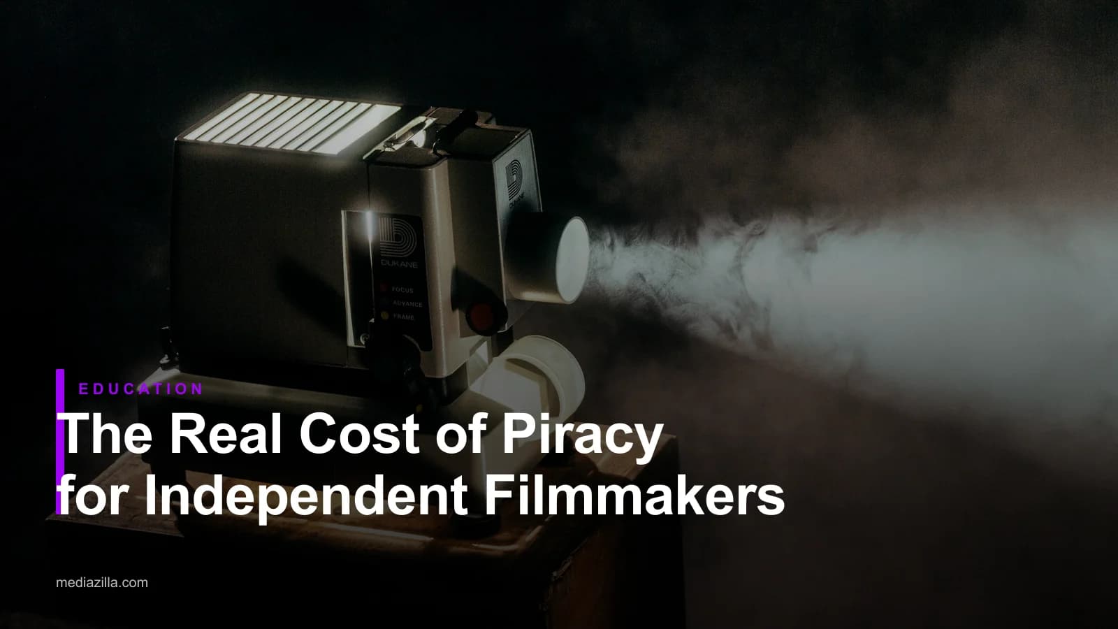 Film projector beam in a dark room, for an article on the real cost of piracy for independent filmmakers