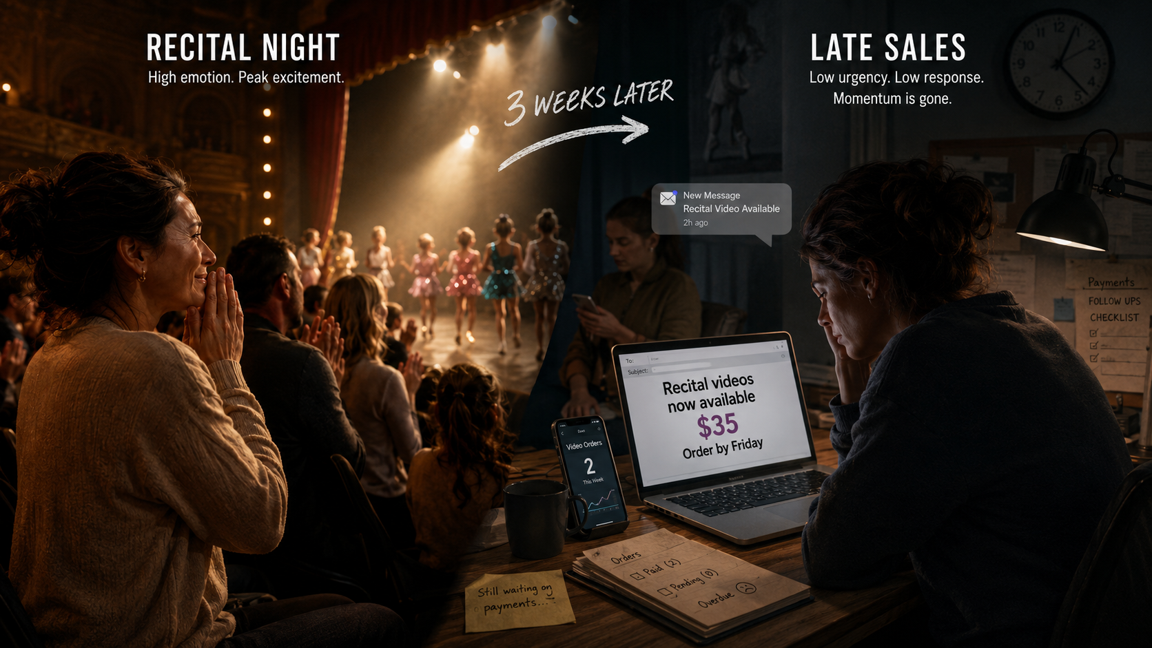 Chart showing recital video sales lose momentum when studios wait until after the event