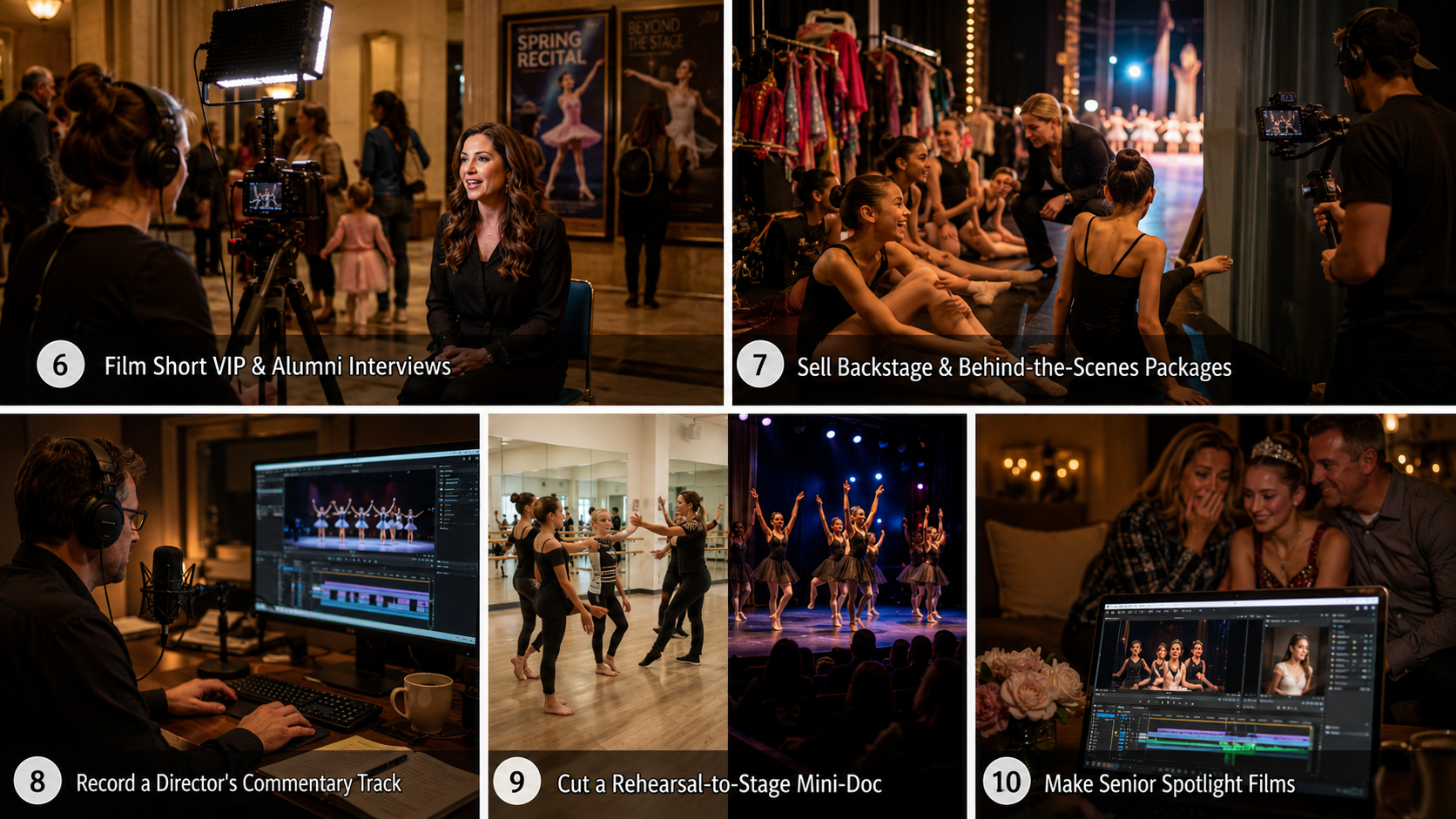 Five premium recital products from one extra hour of filming: VIP interviews, backstage footage, director commentary, rehearsal-to-stage mini-doc, and senior spotlight films